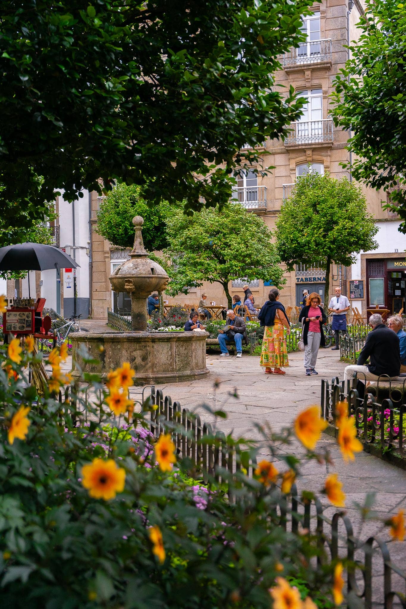 A small granite square in Santiago de Compostela with a stone fountain, trees and people sitting, seen past a foreground of orange flowers.