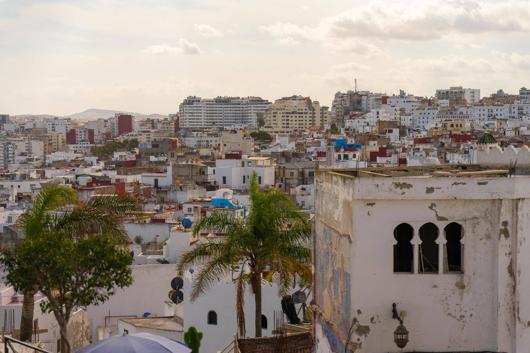 White and blue houses of the Tangier medina stepping down towards the bay, with palms, a horseshoe-arched window in a ruined wall, and the modern city on the far shore.