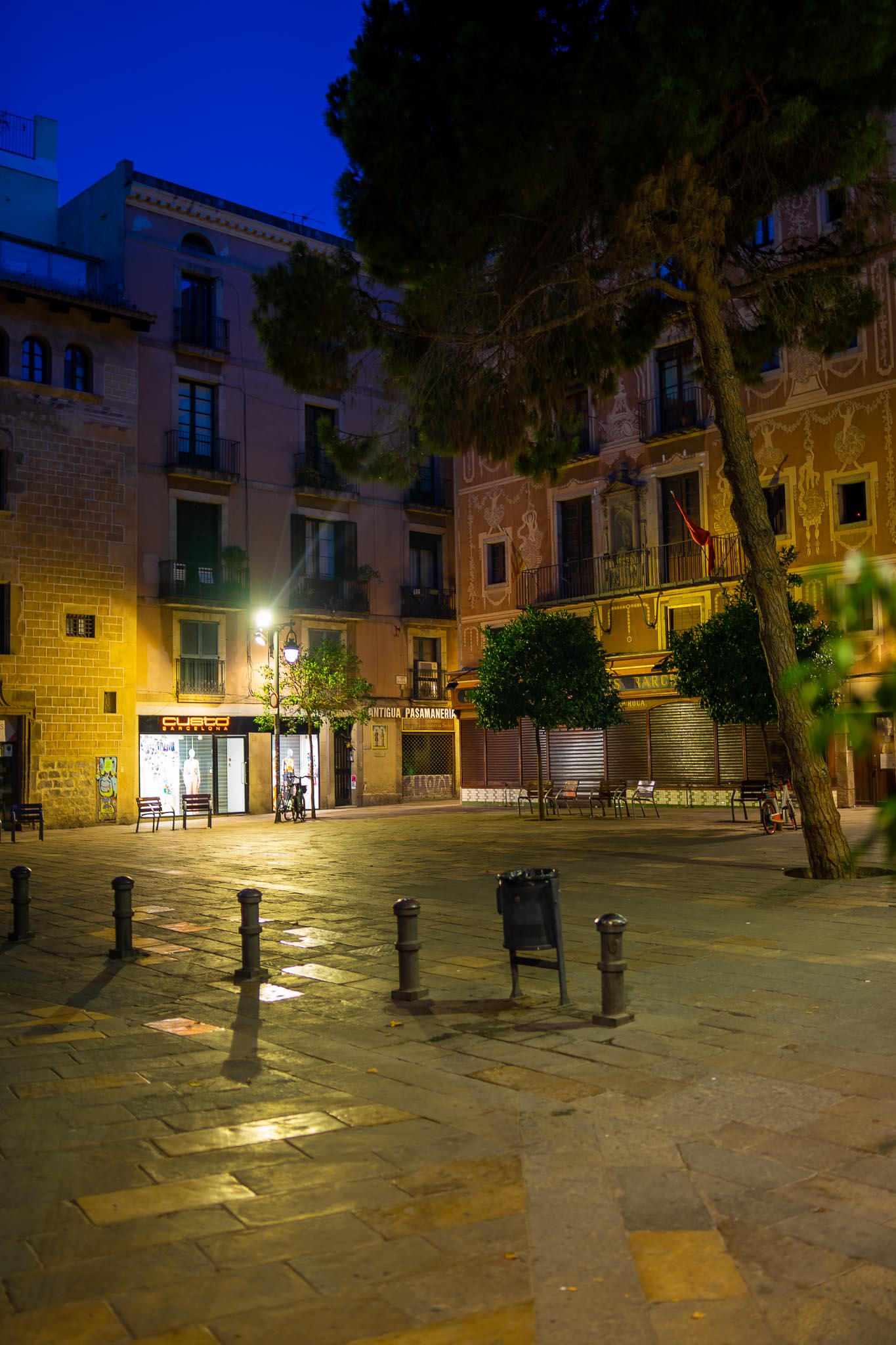 An empty flagstoned square in Barcelona's old city at blue hour: stone bollards and a litter bin in the foreground, a pine tree at the right, shuttered shopfronts including one lettered ANTIGUA PASAMANERÍA, a lit street lamp, and a façade covered in pale sgraffito decoration under a deep blue sky.