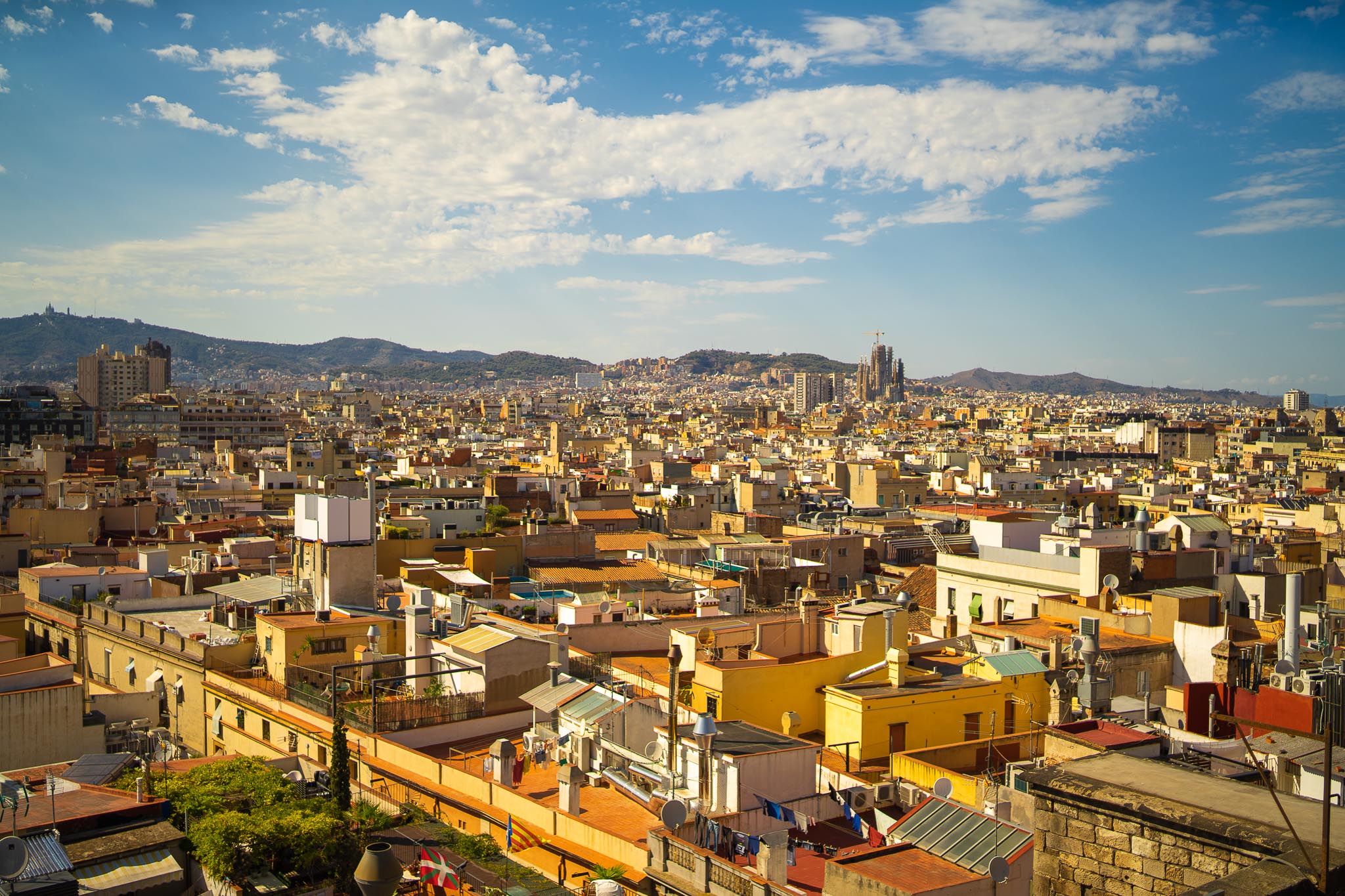 Barcelona seen from a rooftop above the old city: a dense field of flat roofs with water tanks, washing lines, terraces and satellite dishes running away to the Sagrada Família and its cranes in the middle distance, with the wooded Collserola ridge closing the horizon under a blue sky.